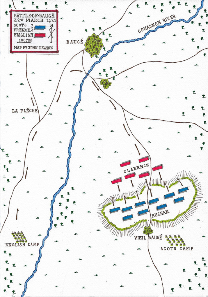 Map of the Battle of Baugé on 22nd March 1421 in the Hundred Years War: battle map by John Fawkes