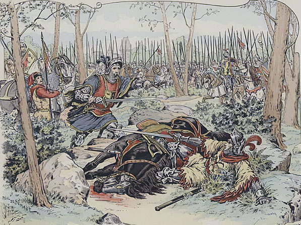 Capture of Bertrand du Guescelin by Sir John Chandos at the Battle of Auray on 29th September 1364 in the Hundred Years War: picture by Paul de Semant