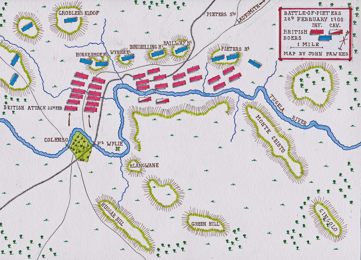 Map of the Battle of Pieters 28th February 1900 in the Great Boer War: battle map by John Fawkes