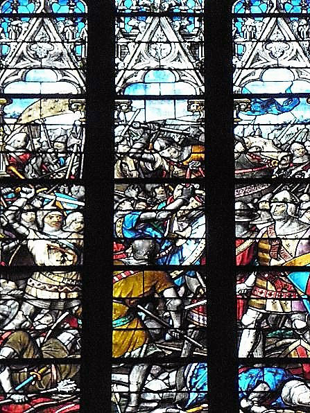 Window in Rennes Cathedral showing the Battle of Auray on 29th September 1364 in the Hundred Years War