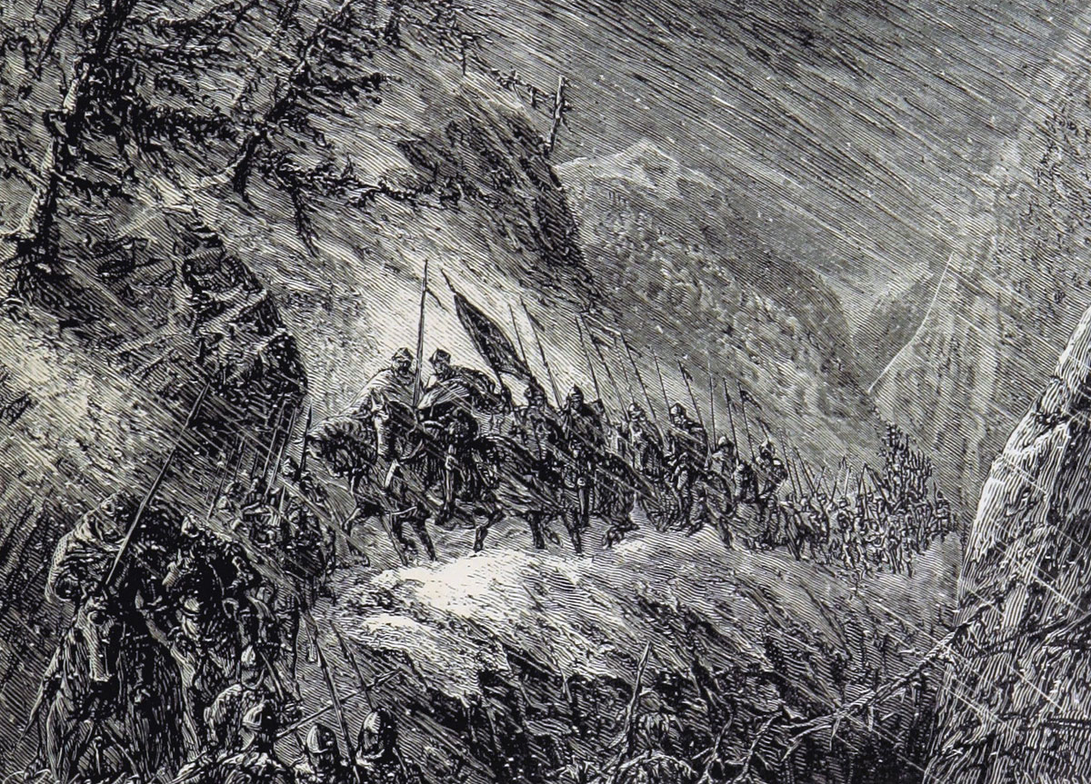 Black Prince's army marches through the Gorge of Roncevalles: before the Battle of Najera 3rd April 1367 in the Hundred Years War