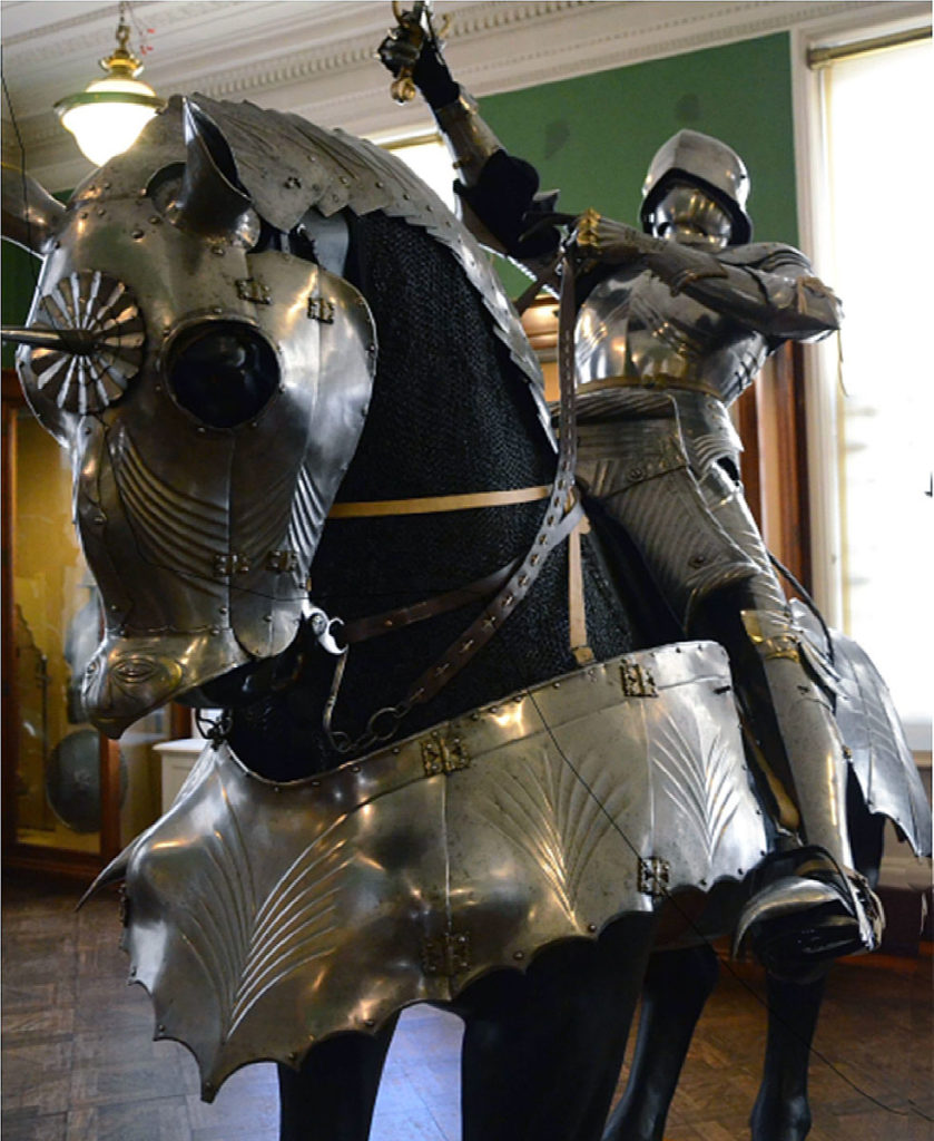 Mounted knight with his barbed horse in armour: Battle of Verneuil on 17th August 1424 in the Hundred Years War