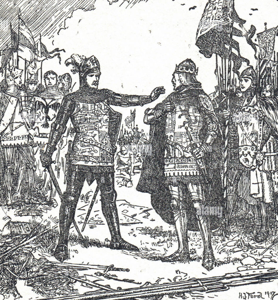The Black Prince prevents King Pedro 'the Cruel' from attacking Bertrand du Guescelin after the Battle of Najera on 3rd April 1367 in the Hundred Years War: picture by H.J. Ford
