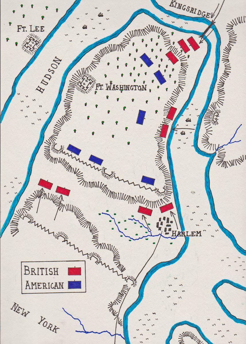 Map of the Battle of Harlem Heights on 17th September 1776 in the American War of Independence: battle map by John Fawkes
