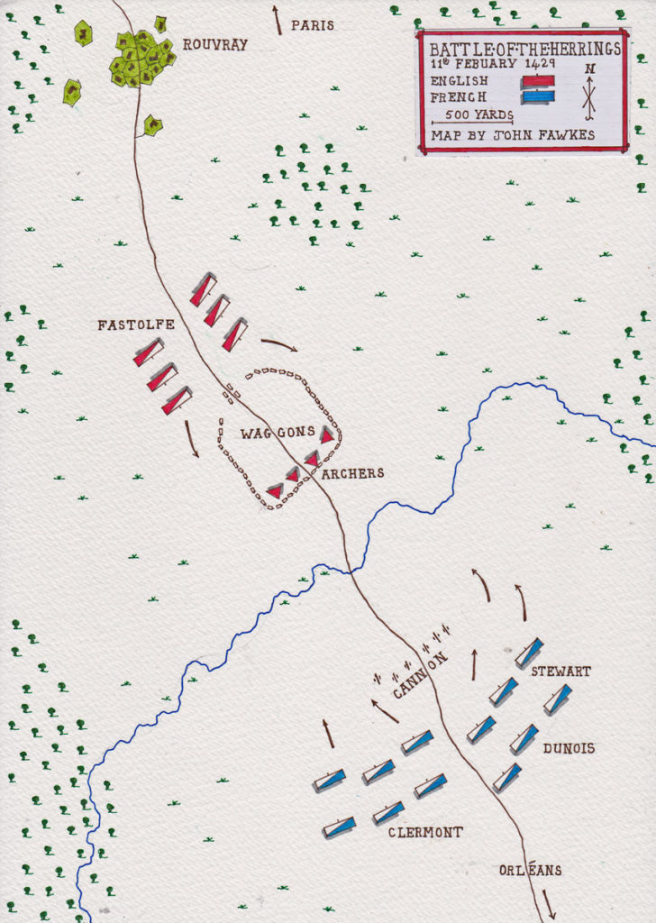 Map of the Battle of the Herrings on 11th February 1429 in the Hundred Years War: battle map by John Fawkes