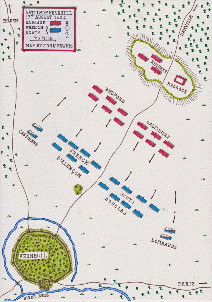 Map of the Battle of Verneuil on 17th August 1424 in the Hundred Years War: battle map by John Fawkes
