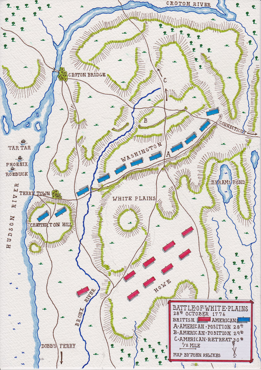 Map of the Battle of White Plains on 28th October 1776 in the American Revolutionary War: battle map by John Fawkes