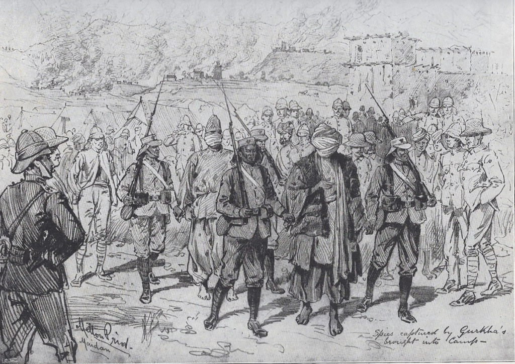 Gurkhas bringing Afridi spies into camp: Tirah North-West Front India 1897: sketch by Melton Prior