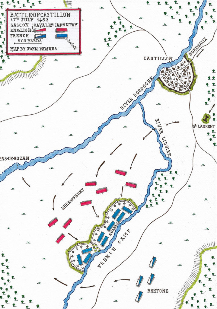 Battle of Castillon on 17th July 1453 in the Hundred Years War: battle map by John Fawkes