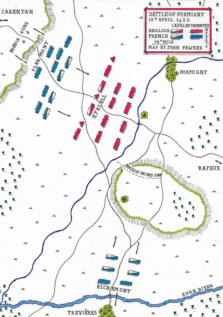 Map of the Battle of Formigny on 15th April 1450 in the Hundred Years War: battle map by John Fawkes