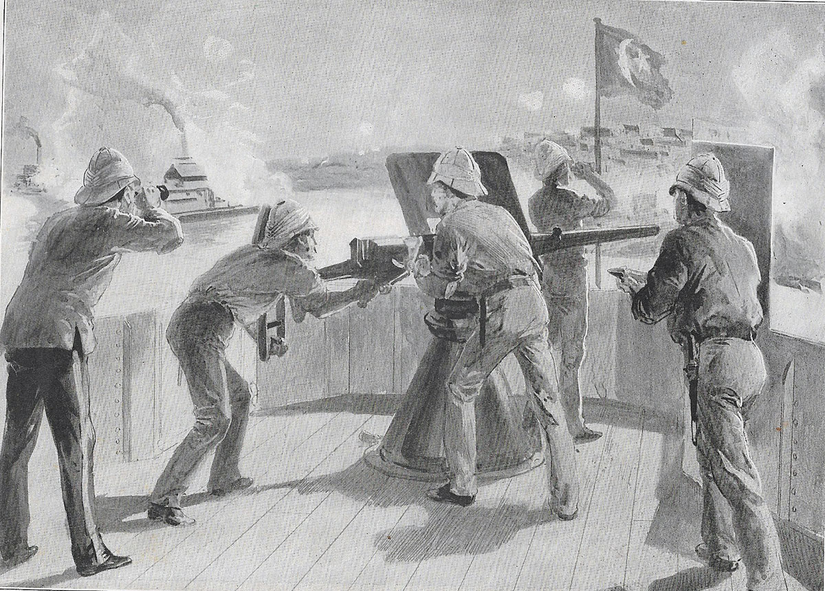 Gun on board steamer 'Fattha' commanded by Lieutenant David Beatty RN.sketch by Frederic Villiers