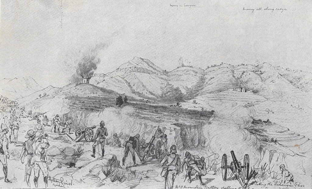 Mountain Artillery firing on the Arhanga Pass: Tirah North-West Front India 1897: sketch by Melton Prior