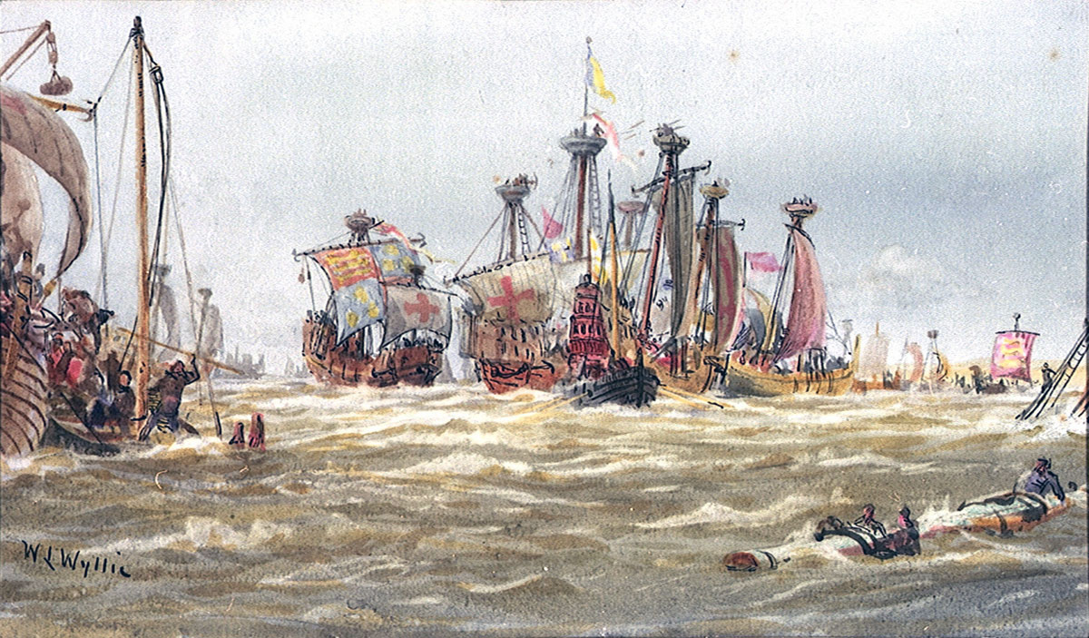 Battle of Sluys on 24th June 1340 in the Hundred Years War: picture by Lionel Wyllie