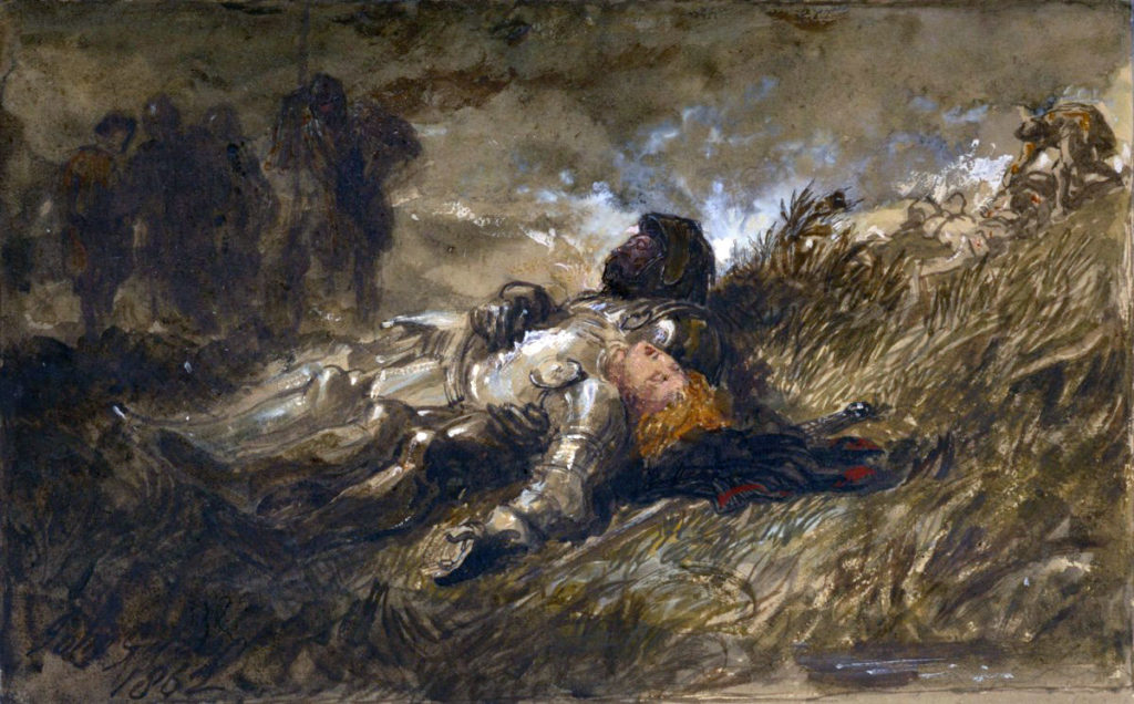 Death of Talbot and his son Lord de L'Isle at the Battle of Castillon on 17th July 1453 in the Hundred Years War: picture by Sir John Gilbert RA