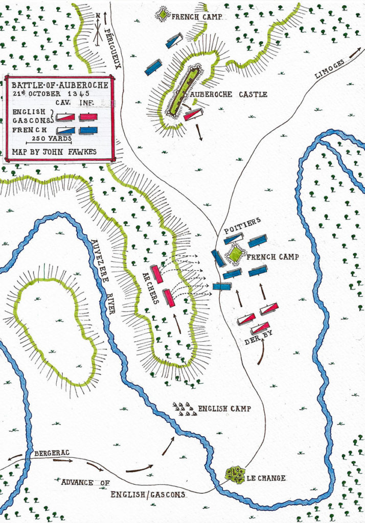 Map of the Battle of Auberoche 21st October 1345 in the Hundred Years War: map by John Fawkes