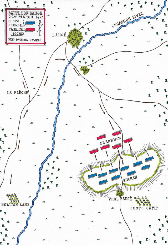 Map of the Battle of Baugé on 22nd March 1421 in the Hundred Years War: battle map by John Fawkes