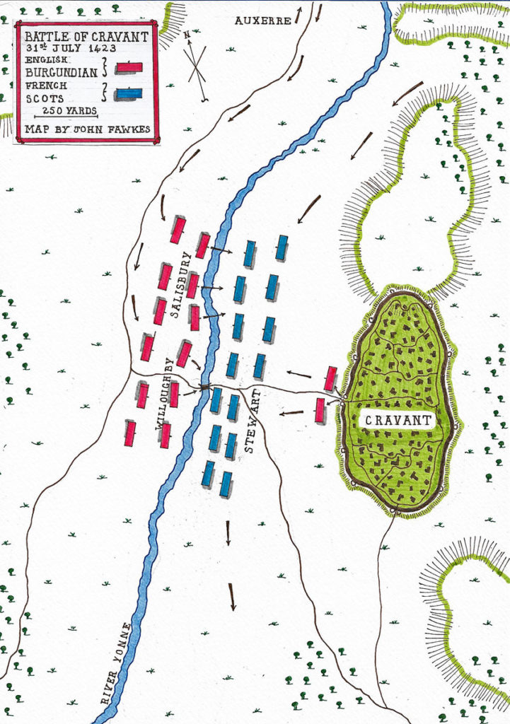 Map of the Battle of Cravant on 31st July 1423 in the Hundred Years War: battle map by John Fawkes