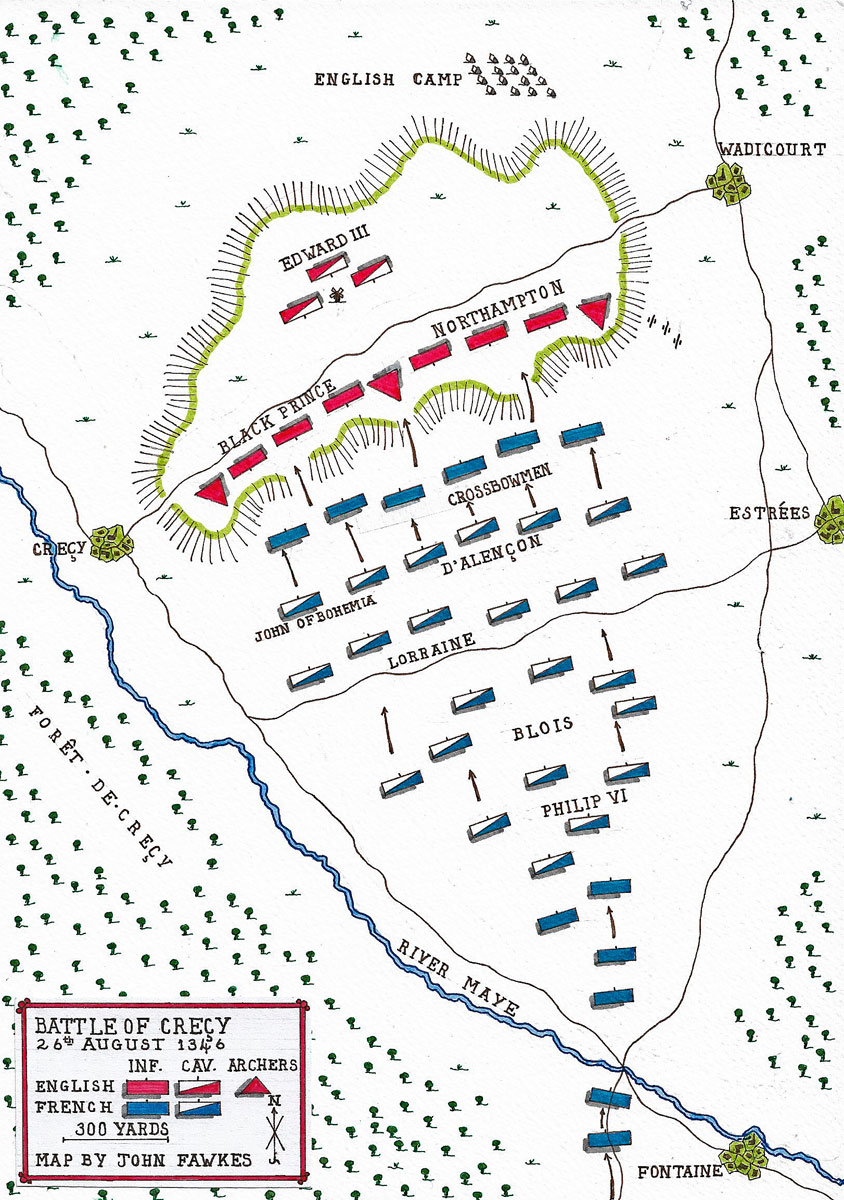 Map of the Battle of Creçy on 26th August 1346 in the Hundred Years War: battle map by John Fawkes