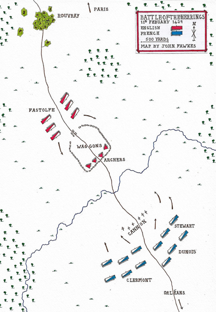 Map of the Battle of the Herrings on 11th February 1429 in the Hundred Years War: battle map by John Fawkes