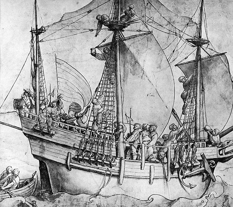Carrack: Battle of Winchelsea on 29th August 1350 in the Hundred Years War: picture by Holbein