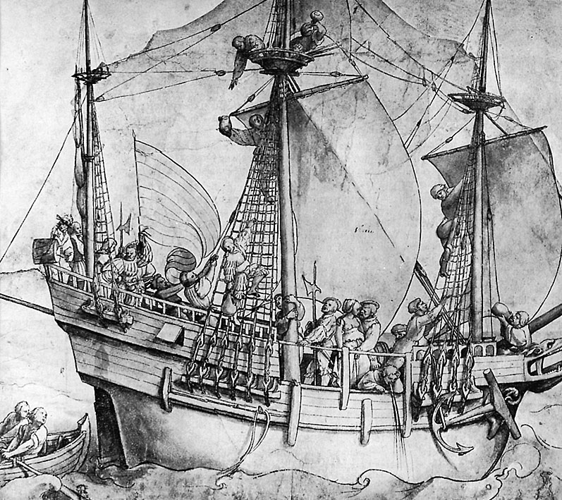 Carrack: Battle of La Rochelle on 22nd June 1372 in the Hundred Years War: picture by Hans Holbein