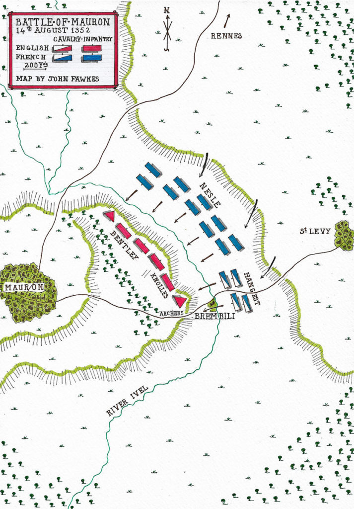 Map of the Battle of Mauron fought on 14th August 1352 in the Hundred Years War: battle map by John Fawkes