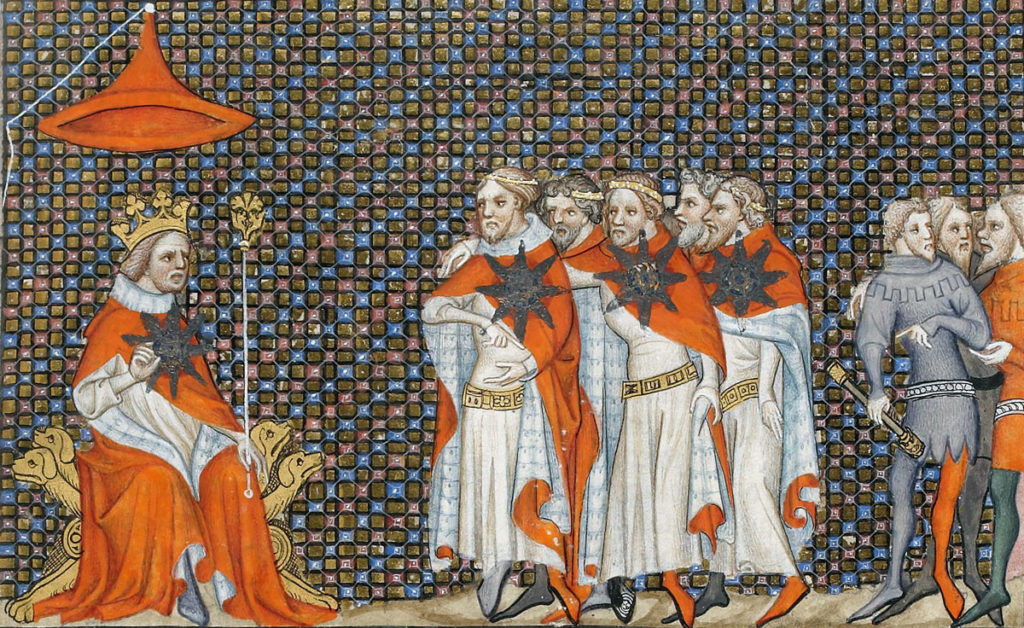 The French King John II with knights of his chivalrous 'Order of the Star': Battle of Mauron on 14th August 1352 in the Hundred Years War