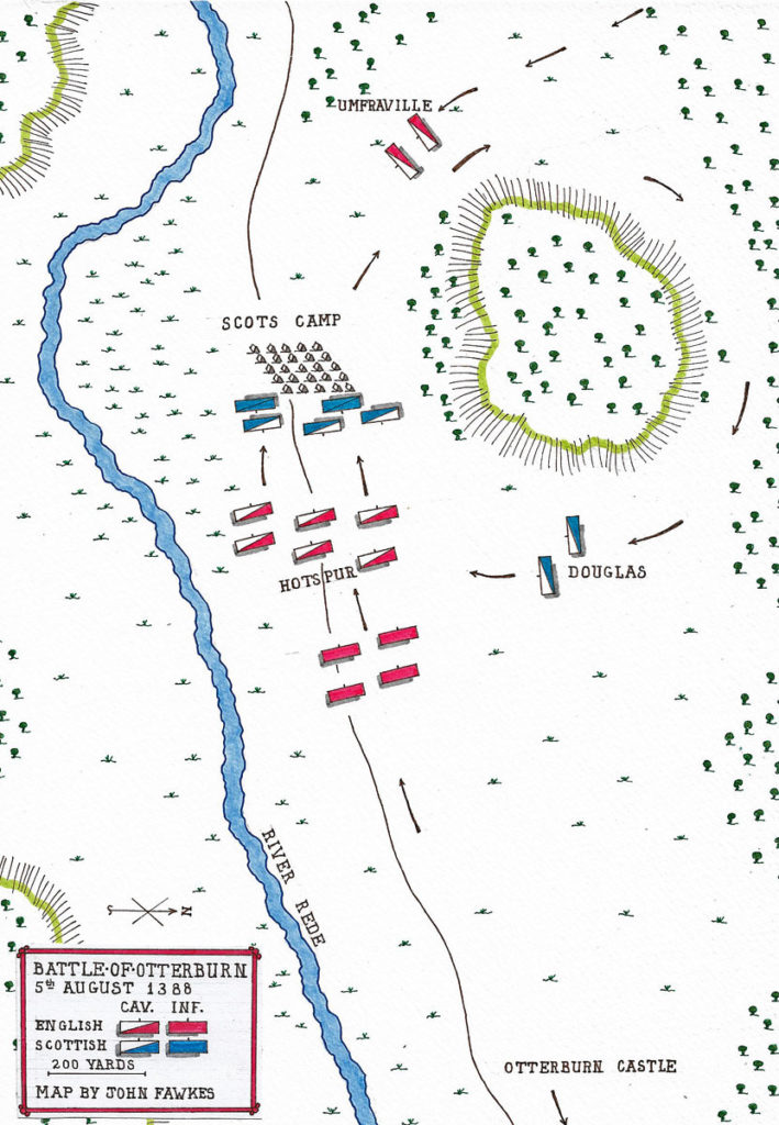 Map of the Battle of Otterburn in August 1388: battle map by John Fawkes