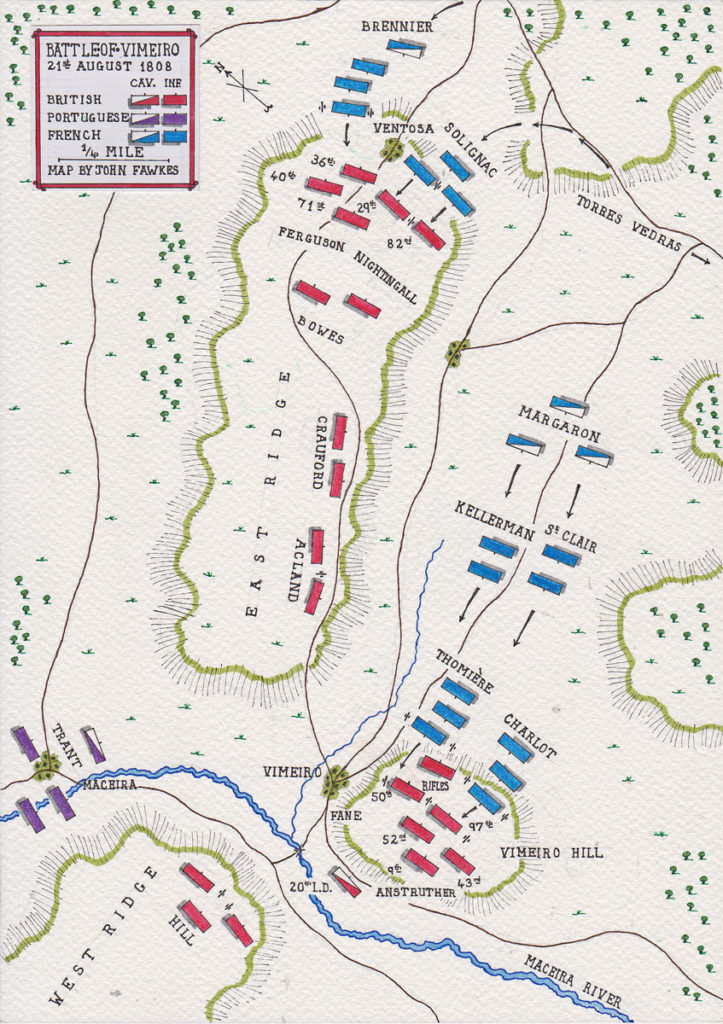 Map of the Battle of Vimeiro on 21st August 1808 in the Peninsular War: battle map by John Fawkes