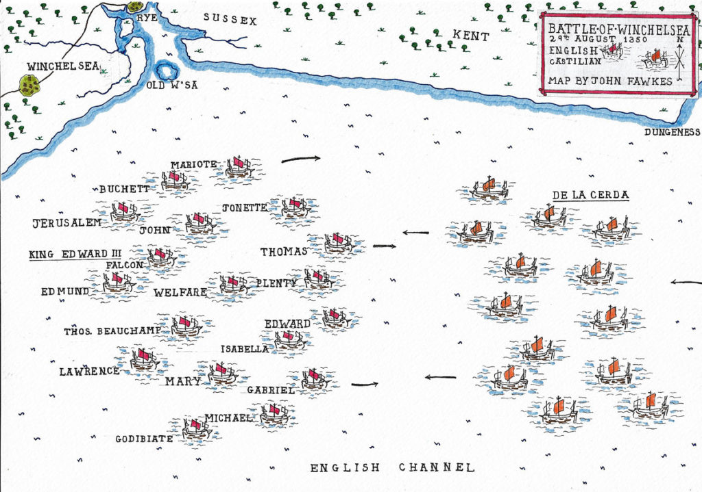 Map of the Battle of Winchelsea on 29th August 1350 in the Hundred Years War: battle map by John Fawkes
