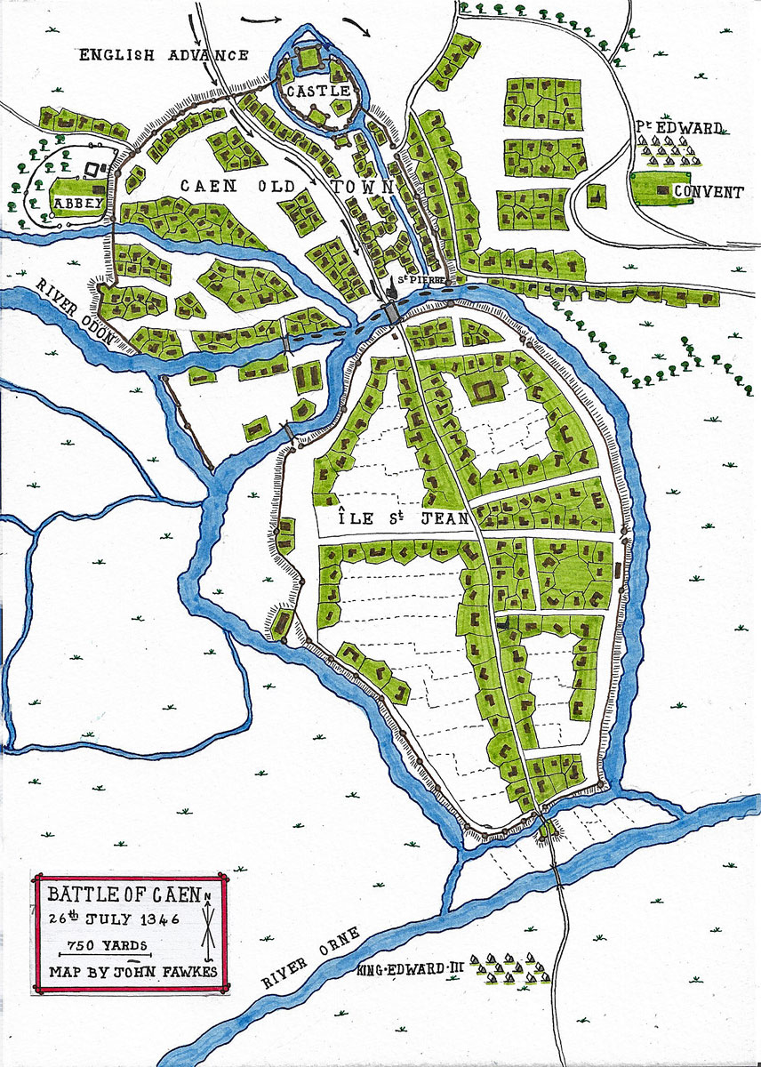 Map of the Battle of Caen on 26th July 1346 in the Hundred Years War: battle map by John Fawkes