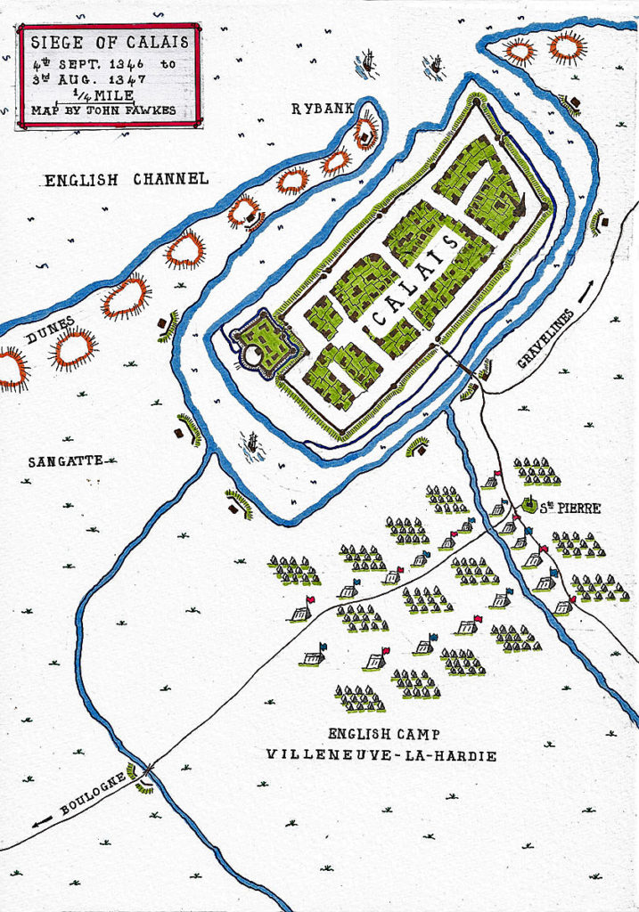 Map of the Siege of Calais from 4th September 1346 to 3rd August 1347 in the Hundred Years War: battle map by John Fawkes
