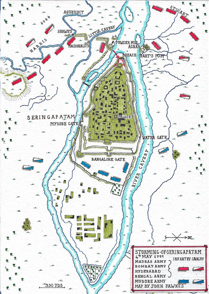 Map of the Storming of Seringapatam on 4th May 1799 in the Fourth Mysore War: battle map by John Fawkes