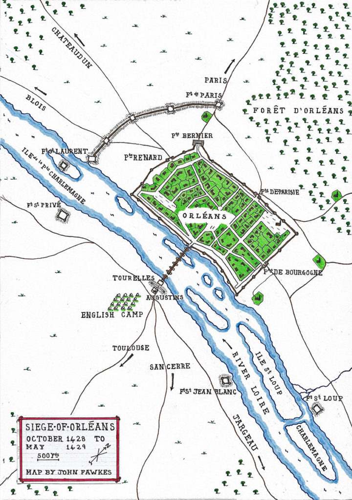 Siege of Orléans October 1428 to May 1429 in the Hundred Years War: battle map by John Fawkes