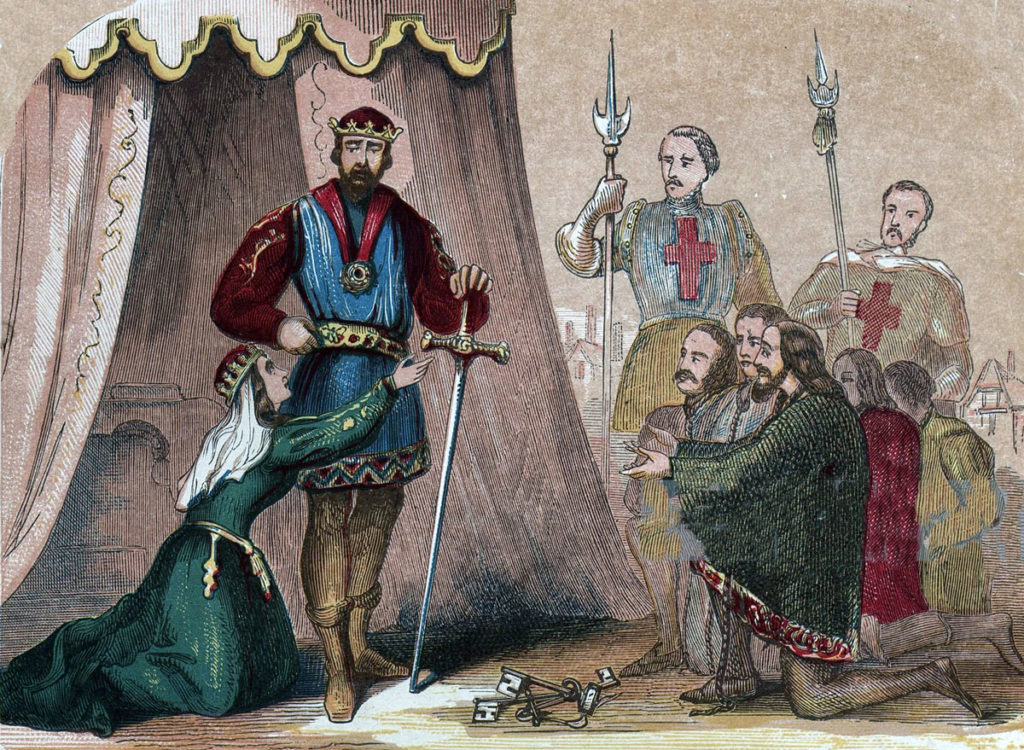 Queen Philippa and his counsellors plead with King Edward III for the lives of the Six Burghers of Calais: Siege of Calais from 4th September 1346 to 3rd August 1347 in the Hundred Years War