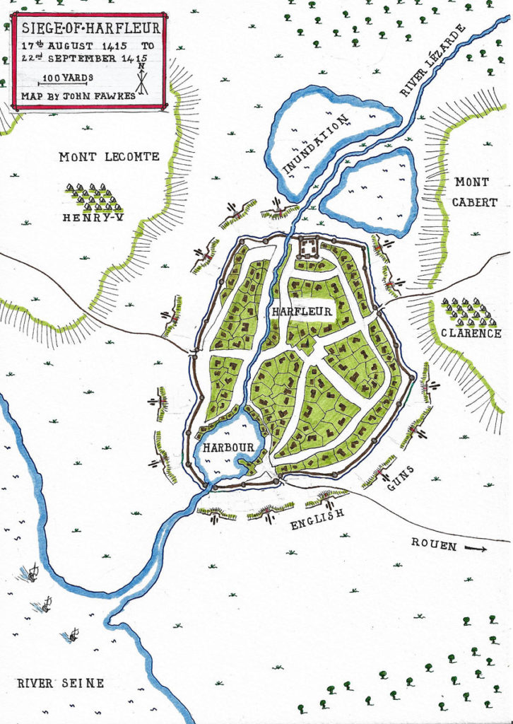 Map of the Siege of Harfleur 17th August 1415 to 22nd September 1415 in the Hundred Years War: battle map by John Fawkes