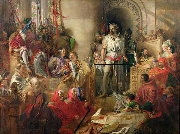 Trial of William Wallace at Westminster: Battle of Falkirk on 22n July 1298 in the Scottish Wars of Independence: picture by Daniel Maclise