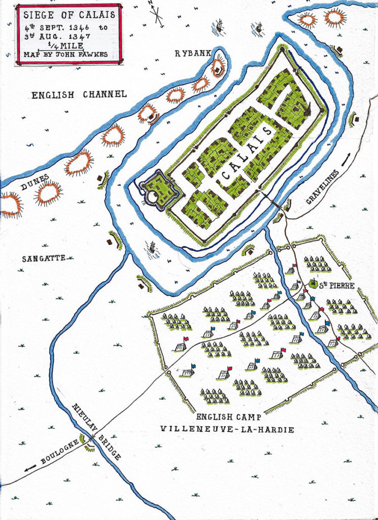 Map of the Siege of Calais from 4th September 1346 to 3rd August 1347 in the Hundred Years War: battle map by John Fawkes
