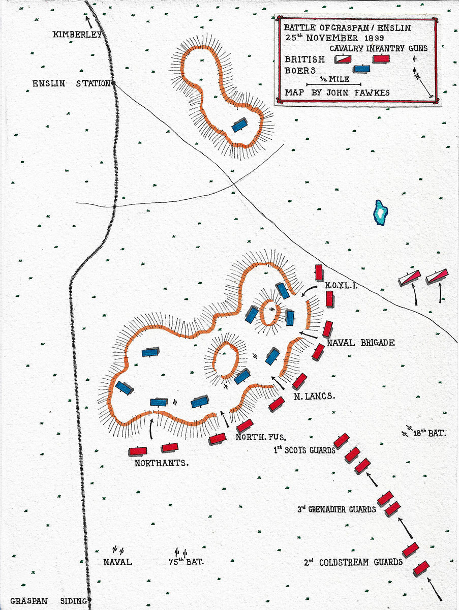Map of the Battle of Graspan (also known as Enslin), fought on 25th November 1899 in the Great Boer War: battle map by John Fawkes