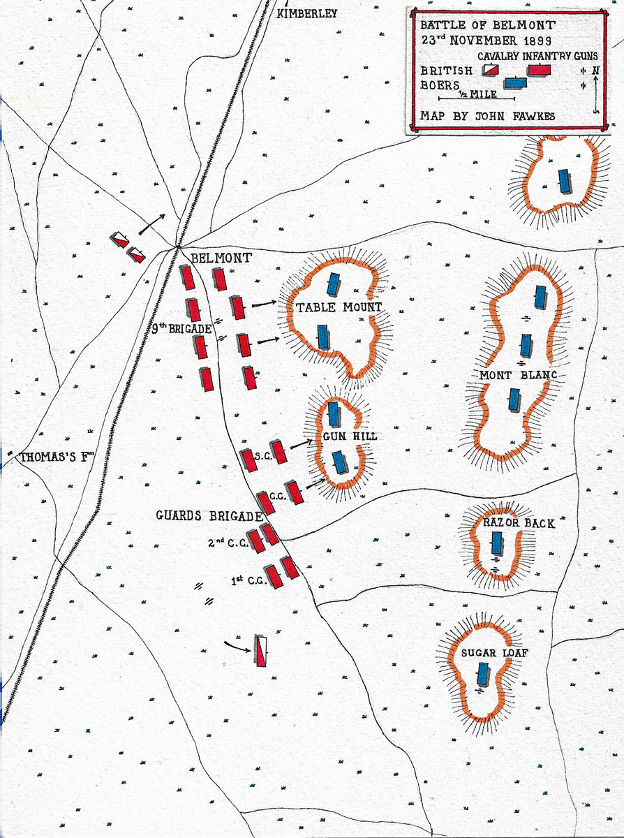 Map of the Battle of Belmont, fought on 23rd November 1899 in the Great Boer War: battle map by John Fawkes
