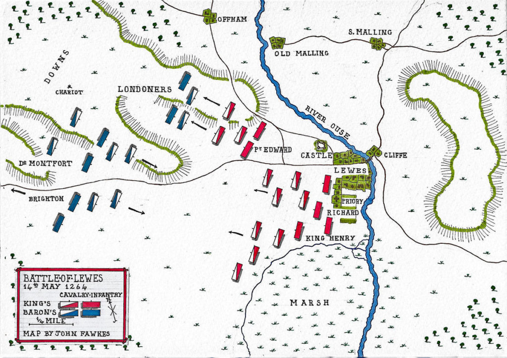 Map of the Battle of Lewes on 14th May 1264 in the Barons' War: battle map by John Fawkes