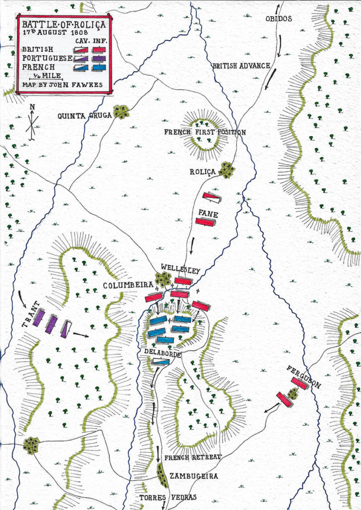 Map of the Battle of Roliça on 17th August 1808 in the Peninsular War: battle map by John Fawkes