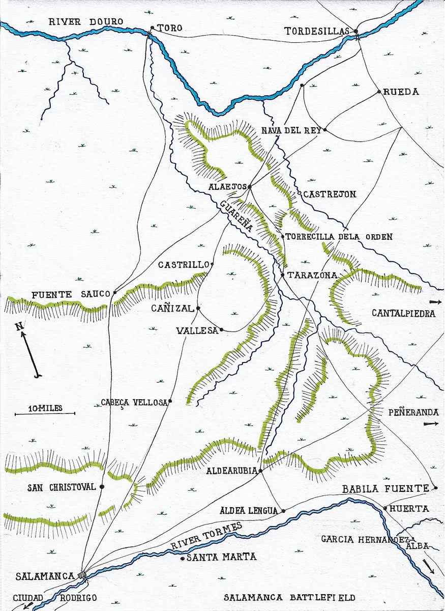 Map of the area of Spain between Salamanca on the River Tormes and Tordesillas on the River Douro: Battle of Salamanca on 22nd July 1812 during the Peninsular War, also known as the Battle of Los Arapiles or Les Arapiles: map by John Fawkes
