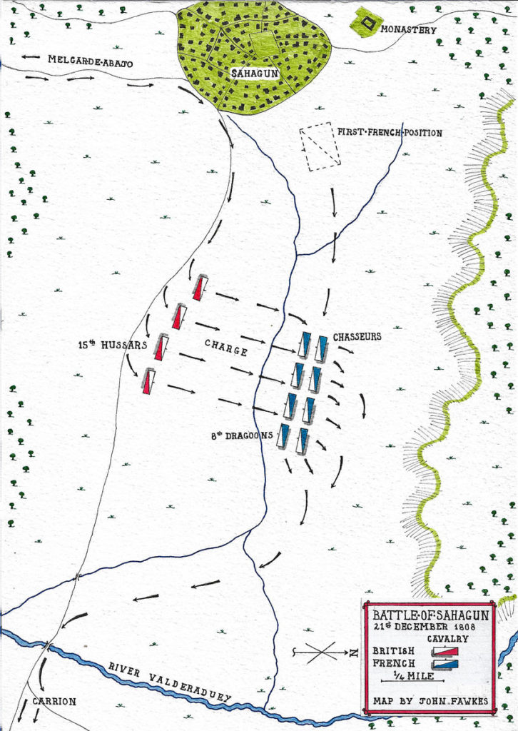 Map of the Battle of Sahagun on 21st December 1808 in the Peninsular War: battle map by John Fawkes