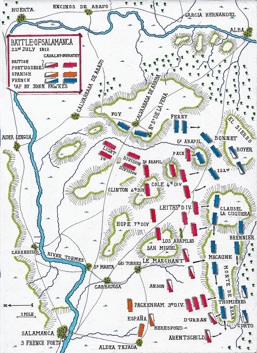 Map of the Battle of Salamanca on 22nd July 1812 during the Peninsular War, also known as the Battle of Los Arapiles or Les Arapiles: battle map by John Fawkes