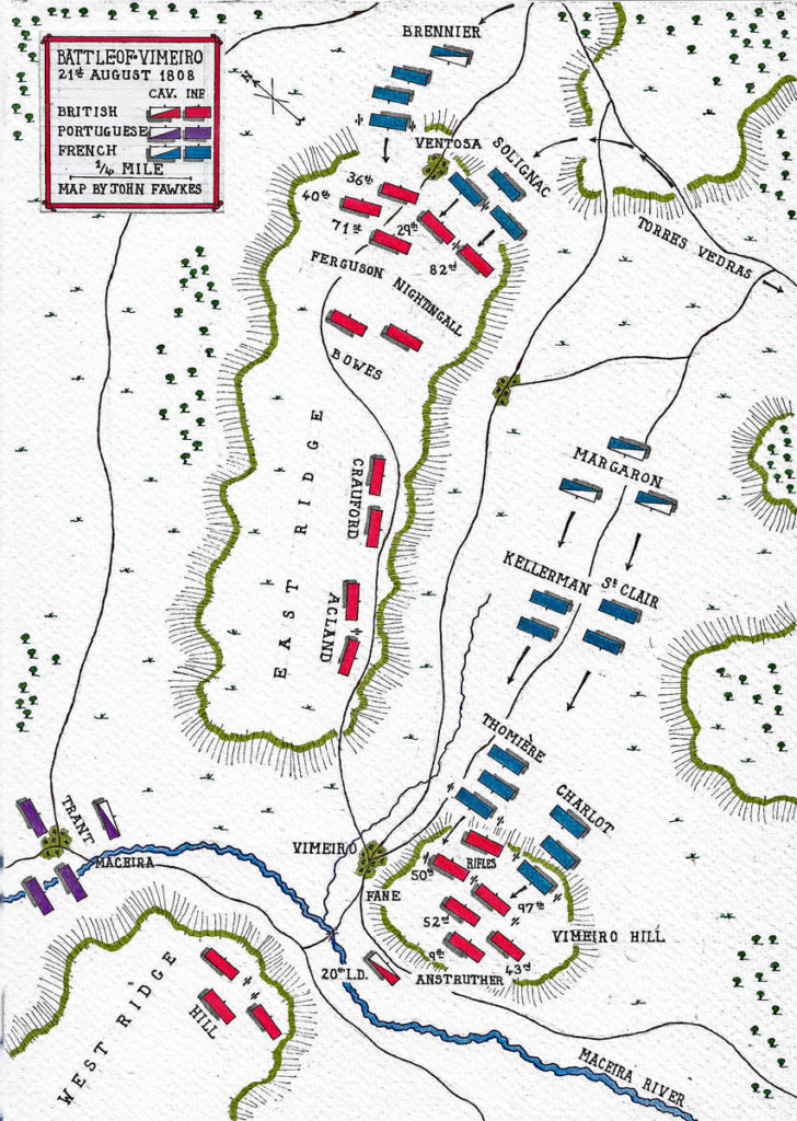 Map of the Battle of Vimeiro on 21st August 1808 in the Peninsular War: battle map by John Fawkes