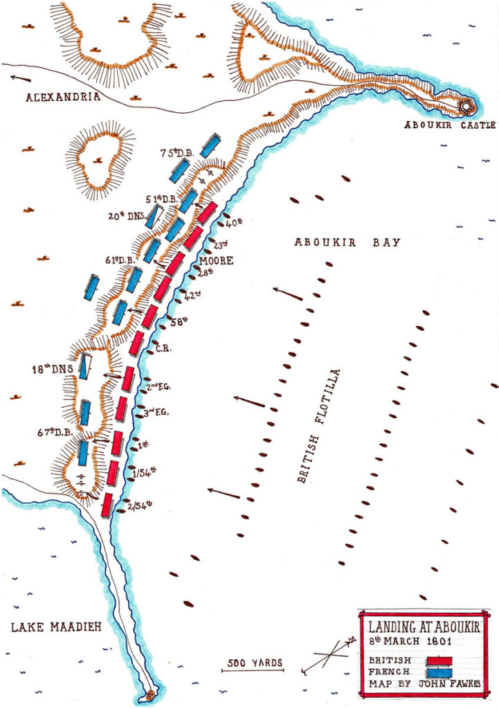 British landing in Aboukir Bay on 8th March 1801: Battle of Alexandria 8th to 21st March 1801: map by John Fawkes