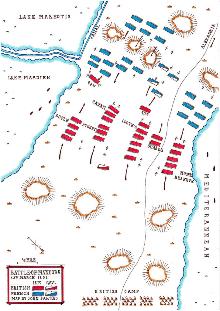 Map of the Battle at Mandora on 13th March 1801:  Battle of Alexandria 8th to 21st March 1801 in the French Revolutionary War: map by John Fawkes