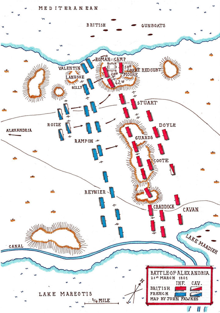 Battle of Alexandria  21st March 1801 in the French Revolutionary War: map by John Fawkes