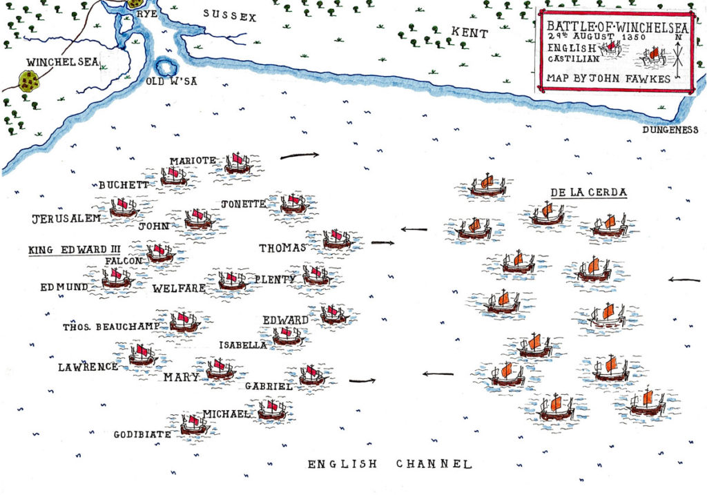 Map of the Battle of Winchelsea on 29th August 1350 in the Hundred Years War: battle map by John Fawkes